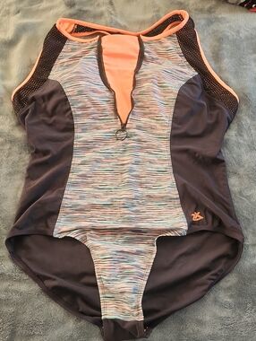 Women’s One-Piece Zip Front Swim Suit in Navy and Coral